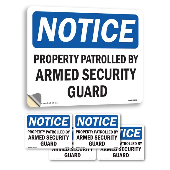 Property Patrolled By Armed Security Guard OSHA Notice Vinyl Decal Label 5 Inch x 3.5 Inch - 5 Pack
