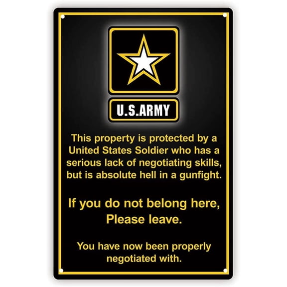 Property Protected By US Marine/army/navy/airforce/veteran, Funny No Trespassing Tin Sign, 8x12 In (Army)