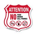 thumbnail image 1 of Property Shield Sign No Food No Drinks No Cell Phone (2 Pack) 18 inch X 18 inch Shield Shaped Commercial Grade Plastic Signs Weather Resistant, UV Protected for Workplace Made in the, 1 of 7