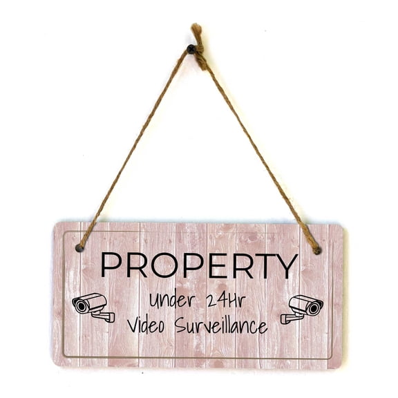 Property Under 24Hr Video Surveillance | Rustic Red Wood 5 x 10" Hanging Sign