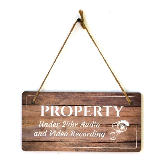 Property Under 24hr Audio and Video Recording | Rustic Oak Wood 5 x 10" Hanging Sign
