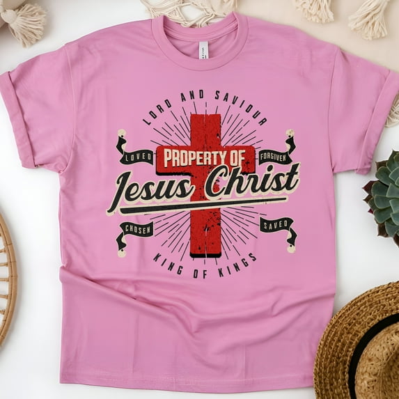 Property of Jesus Christ T-Shirt – Christian Cross King of Kings Graphic Tee, Azalea, Size L
