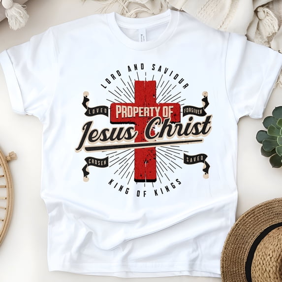 Property of Jesus Christ T-Shirt – Christian Cross King of Kings Graphic Tee, White, Size S