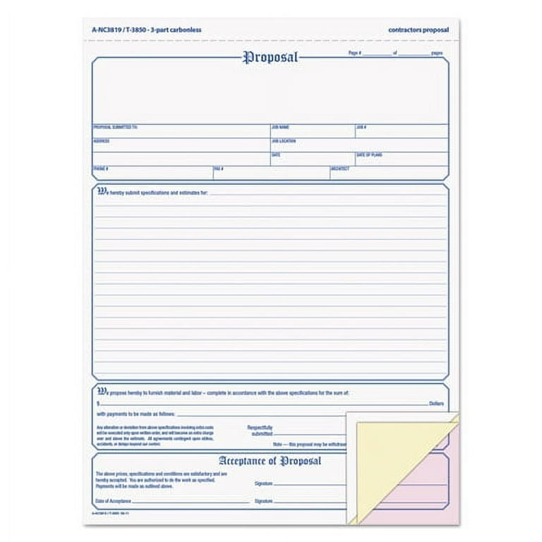 Proposal Form, Three-Part Carbonless, 11 x 8.5, 50 Forms Total Proposal Form, Three-Part Carbonless, 11 x 8.5, 50 Forms Total