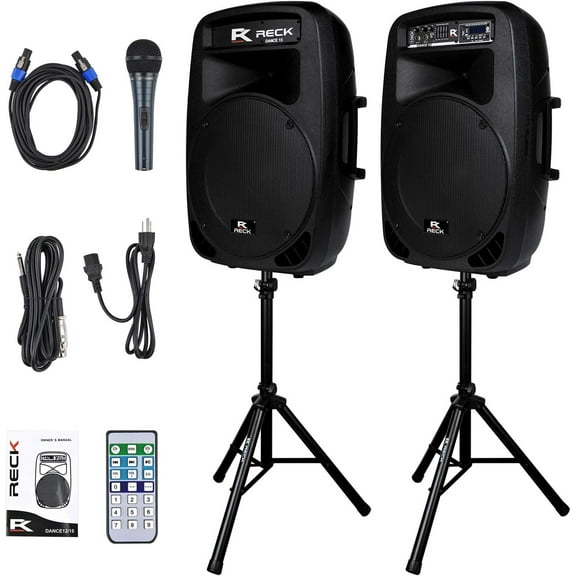 Proreck Dance 15 Portable 15-inch 2000 Watt 2-Way Powered PA Speaker System Combo Set Black