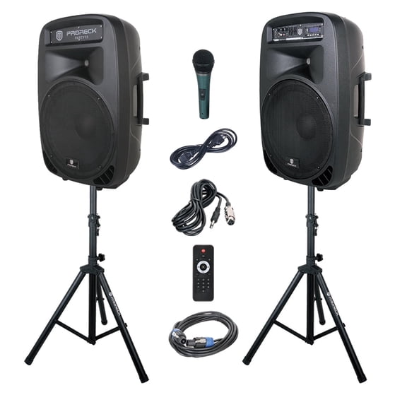 Proreck Party Portable 15" 2000 Watt 2-Way Powered PA Speaker System Combo Set