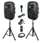 Proreck Party Portable 15" 2000 Watt 2-Way Powered PA Speaker System Combo Set with Bluetooth, USB, SD Card Reader, FM Radio, Remote Control, Wired Microphone and LED Light