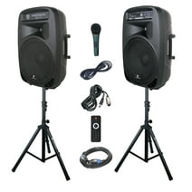 Proreck Party Portable 15" 2000 Watt 2-Way Powered PA Speaker System Combo Set with Bluetooth, USB, SD Card Reader, FM Radio, Remote Control, Wired Microphone and LED Light