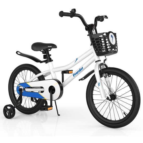 Costway 18'' Kid's Bike with Removable Training Wheels & Basket for 4-8 Years Old  Boys Girls White & Blue