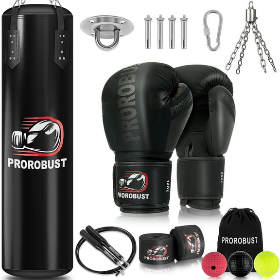 Prorobust Punching Bag for Adults, 4ft Black PU Heavy Boxing Bag Set with 12oz Gloves for MMA Kickboxing Boxing Karate Home Gym Training (Unfilled)