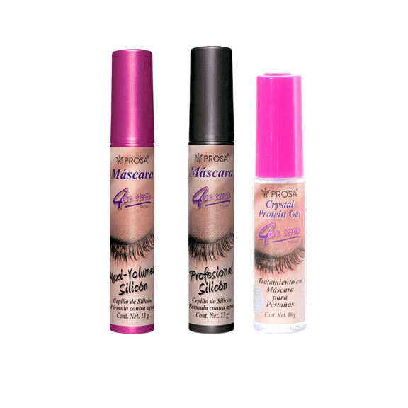 Prosa Bundle 3 Pack- Micro-fiber,Max-vol Silicone and Gel- Eyelash Mascaras- Unisex