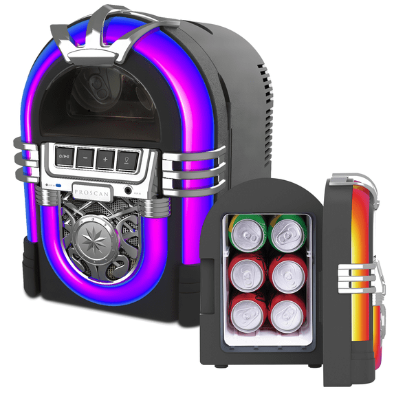 Proscan 6-Can/4-Liter Jukebox Mini Fridge with Bluetooth Speaker, LED Lights, and Dual Power Options – Black