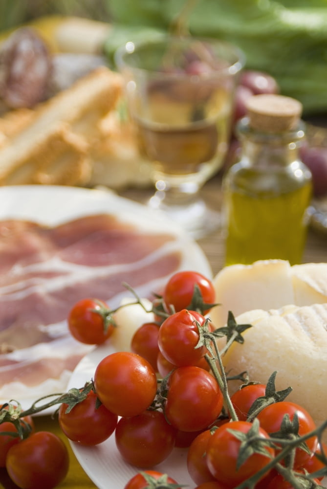 Prosciutto Ham Cheese Tomatoes White Wine And Other Ingredients For Picnic Tuscany Italy Canvas Art - Ian Cumming Design Pics (12 x 18)