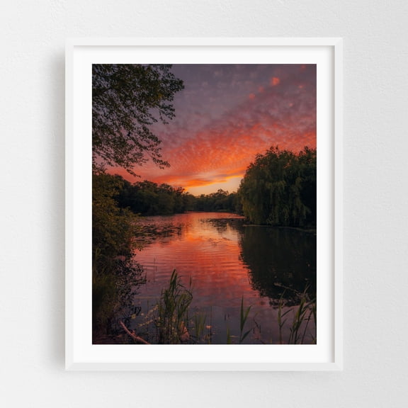 Prospect Park Sunset 01 - Brooklyn New York Photography Sunset Nature Landscape Water Scenic Autumn Forest White Framed Wall Art Print 6 x 8 inches