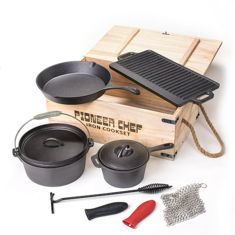 8 Piece Pre-Seasoned Dutch Oven Cooking Set Cast Iron Camping Cooking Set  Kitchen Cookware Bakeware Set Skillets & Square Grill Pan w/Vintage  Carrying Wood Box for Ourdoor Home Cooking BBQ Baking 