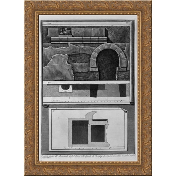 Prospectus outside the Monument of the neck cross section of the Scipios` Sarcophagus of Scipio Barbato and of Cornelia Hall 20x24 Gold Ornate Wood Framed Canvas Art by Piranesi, Giovanni Battista
