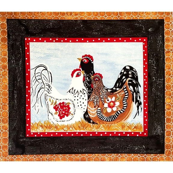 Prosperity Chickens Three French Hens Block Cotton Fabric Quilt Pillow Panel (Great for Quilting, Sewing, Craft Projects, Wall Hangings, and More) 23" X 44"