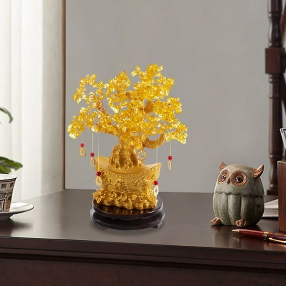 Prosperity Crystal Tree, 28cm Golden Ingot Base, Hand-Assembled Leaves for Good Luck, Compact Desktop Decor for Reception Conference Room