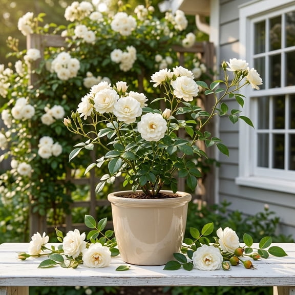 Prosperity White Climbing Rose Live Plant 5-7 Inch Tall, Fragrant Rose Bush Starter for Garden Trellis, Outdoor Landscaping & Pots