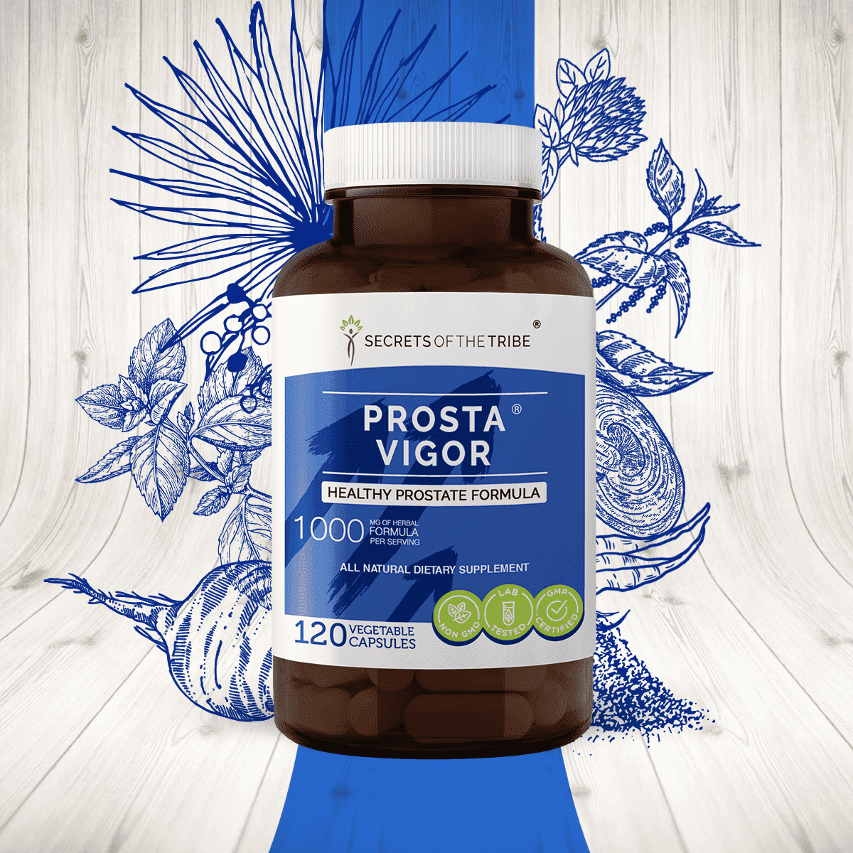 Secrets of the Tribe Prosta Vigor Capsules Dietary Supplement, Natural Herb Blend, Made from Pygeum, Maca, Stinging Nettle, Reishi Mushroom, Red Clover, Spearmint, Saw Palmetto, White Peony 120 Count
