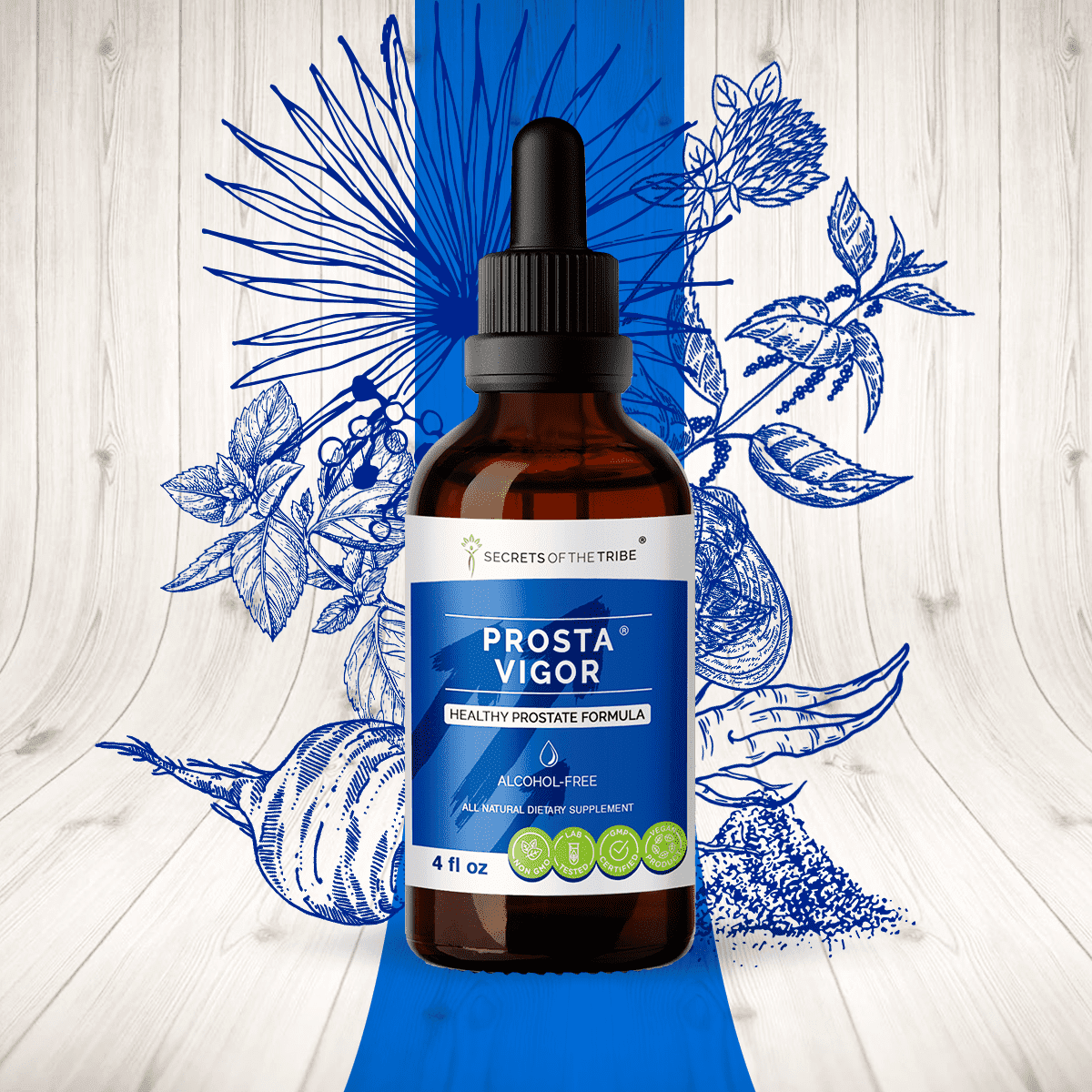 Secrets Of The Tribe Prosta Vigor Blend Tincture Dietary Supplement, Natural Extract, Made from Pygeum, Maca, Stinging Nettle, Reishi Mushroom, Red Clover, Spearmint, Saw Palmetto, White Peony. 4 oz