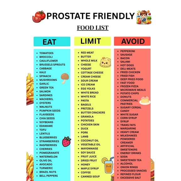 Prostate Friendly Food List Poster, Prostate Diet Poster, Digital Grocery Food Poster, Dietary Restriction Avoidance Chart Poster