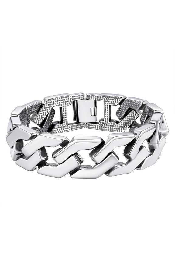 Cuban Link Chain 16MM Bracelet for Men Stainless Steel Hip Pop Silver Chain Bracelets for Son, 7.4 Inches