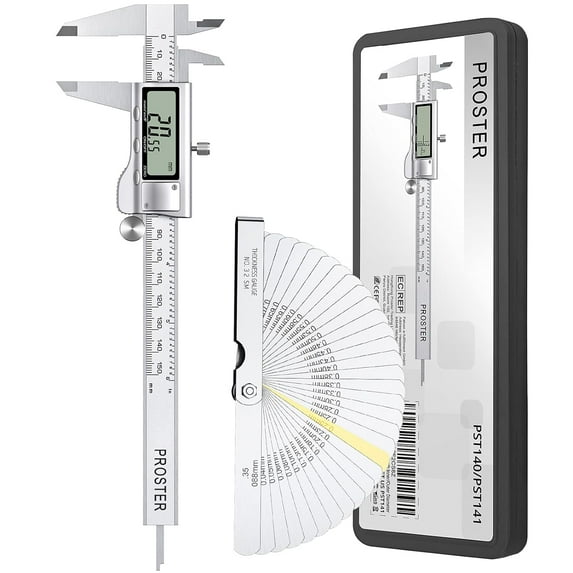Proster 6" Digital Vernier Caliper with 32 Feeler Gauges- Inch/Metric/Fraction Conversion, Stainless Steel, LCD Screen - for Inner/Outer Diameter, Depth, Width Measurement (150mm)