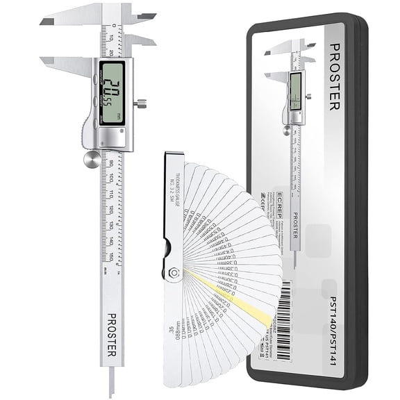 Proster 6" Digital Vernier Caliper with 32 Feeler Gauges- Inch/Metric/Fraction Conversion, Stainless Steel, LCD Screen - for Inner/Outer Diameter, Depth, Width Measurement (150mm)