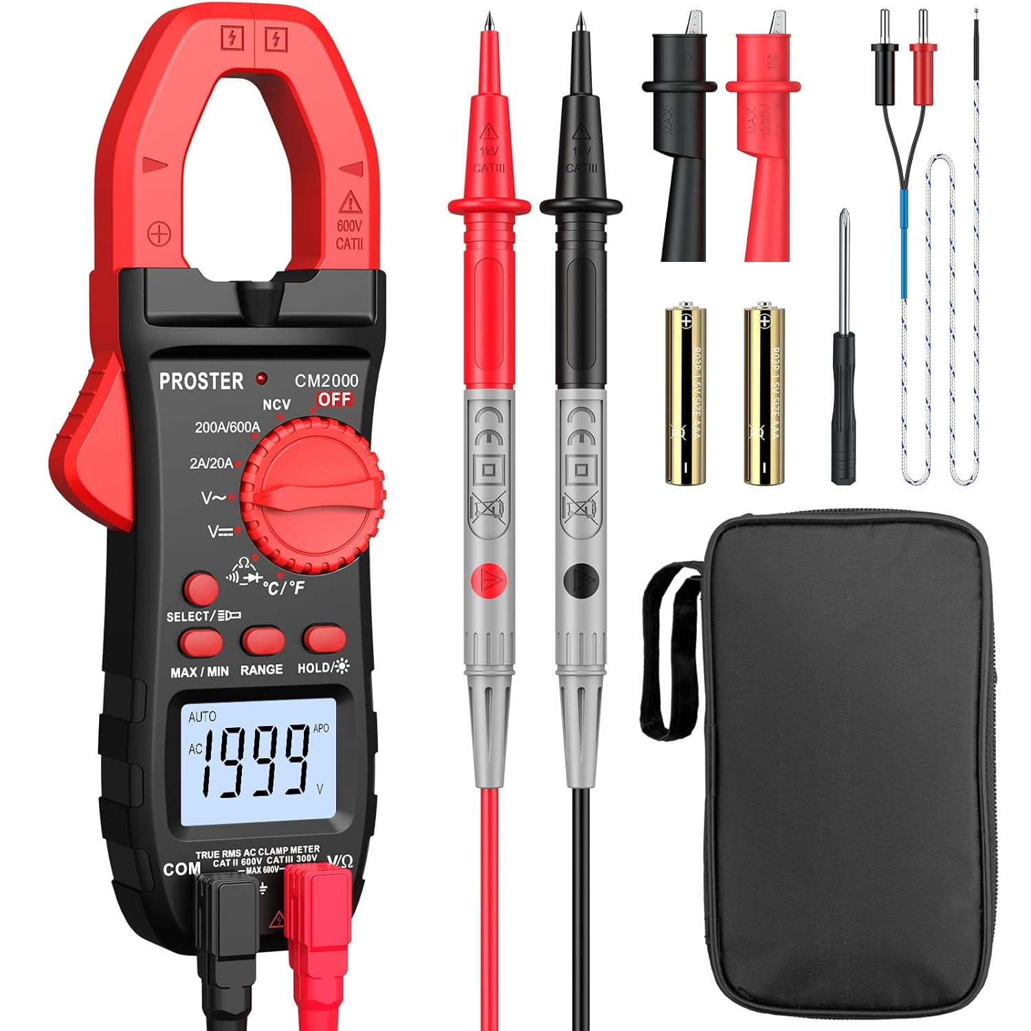 Flash Lght Rister Proster Clamp Meter - TRMS 2000 Counts Auto-Ranging 600A AC Current ...