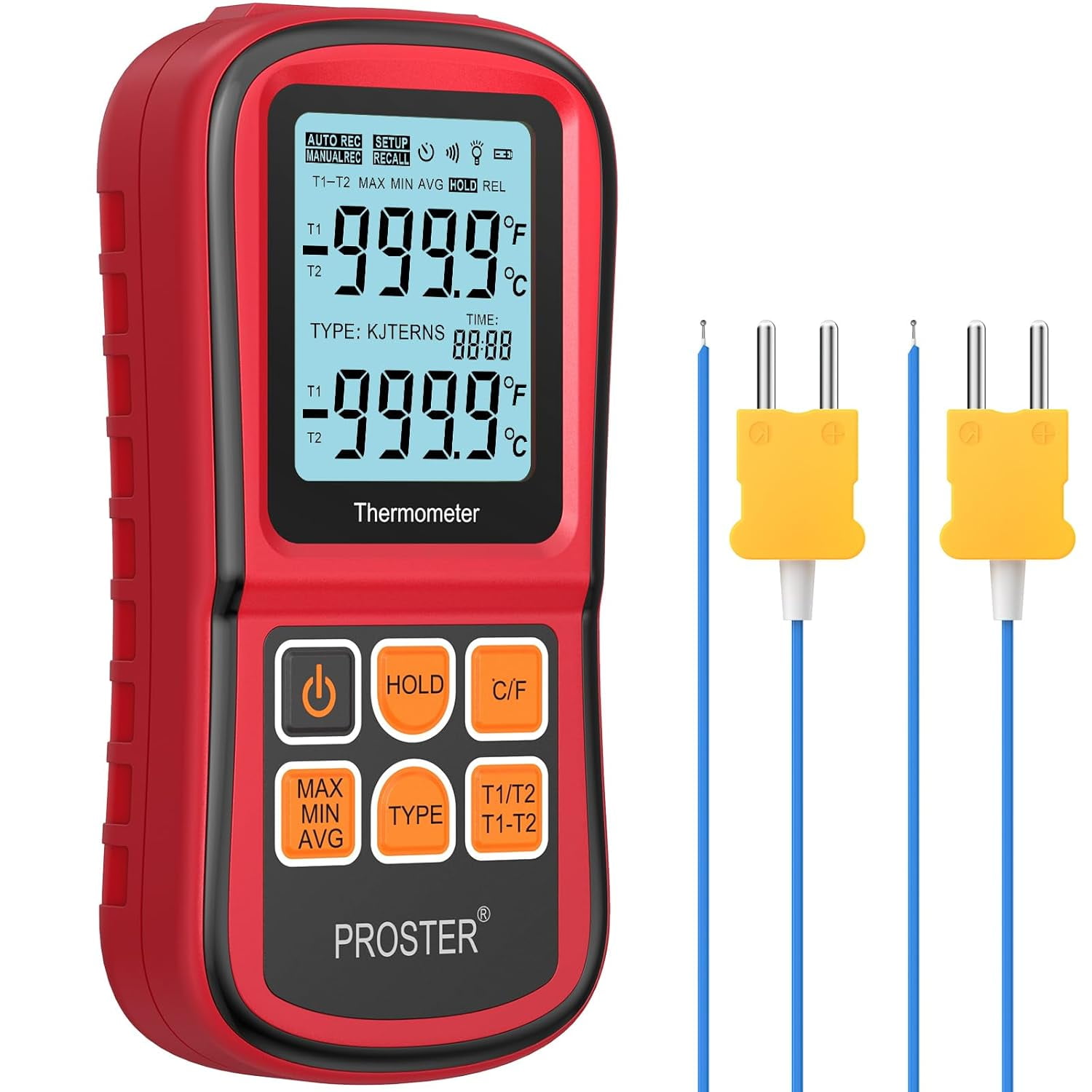 Proster Digital Thermocouple Temperature Thermometer Dual Channel - with Two K-Type Thermocouple Probe, Backlight LCD Thermometer for K J T E R S N Type