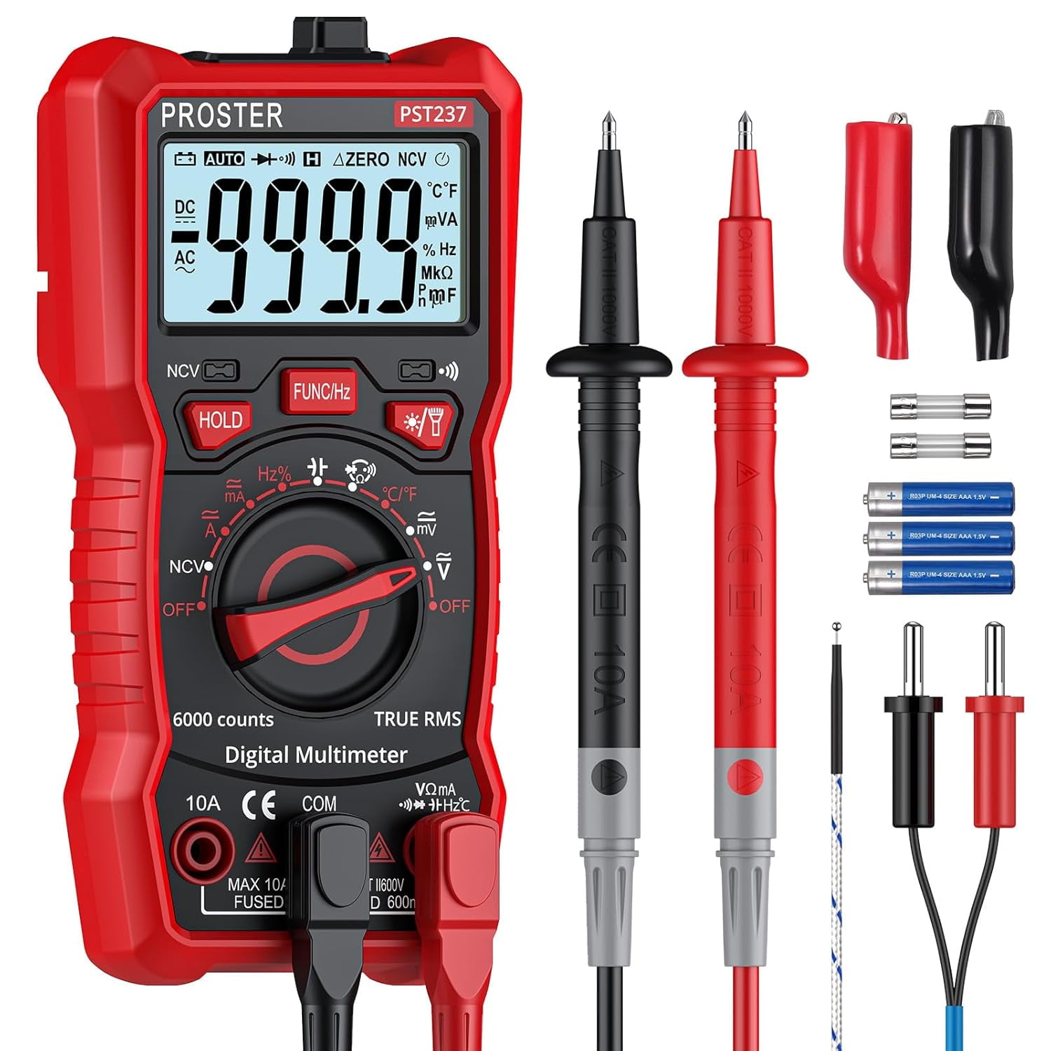 Proster Multimeter TRMS 6000 Counts Auto Manual Range Multimeter Tester with DC/AC Voltage DC/AC Current NCV Detector Temperature Capacitance Resistance Diode Continuity Tester with Cloth Bag