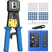 Proster RJ45 Crimp Tool Kit - RJ45 Pass Through Crimp Tool for CAT5 CAT5e CAT6 Network Cable with Network Cable Tester & 50Pcs Gold-Plated CAT6 Connectors & Covers & 5 Spare Blades & Stripper