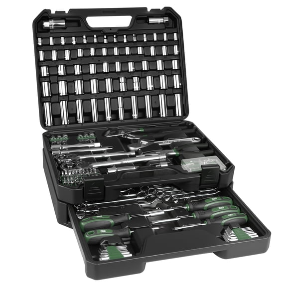 Prostormer 279-Piece Mechanics Tool Kit with Wrench Sockets in Green, SAE and Metric Sizes, CR-V Steel Construction, Portable Tool Box, 1/2" and 3/8" Quick-Release Ratchets for Auto and Machine Repai