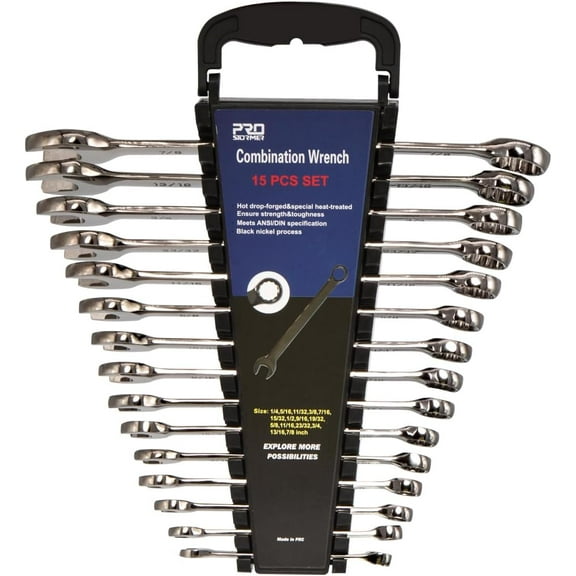 Prostormer Combination Wrench Set, 15 Pieces, SAE 1/4"-7/8",Max Torque, 12-Point, Cr-V Constructed with Wrench Rack