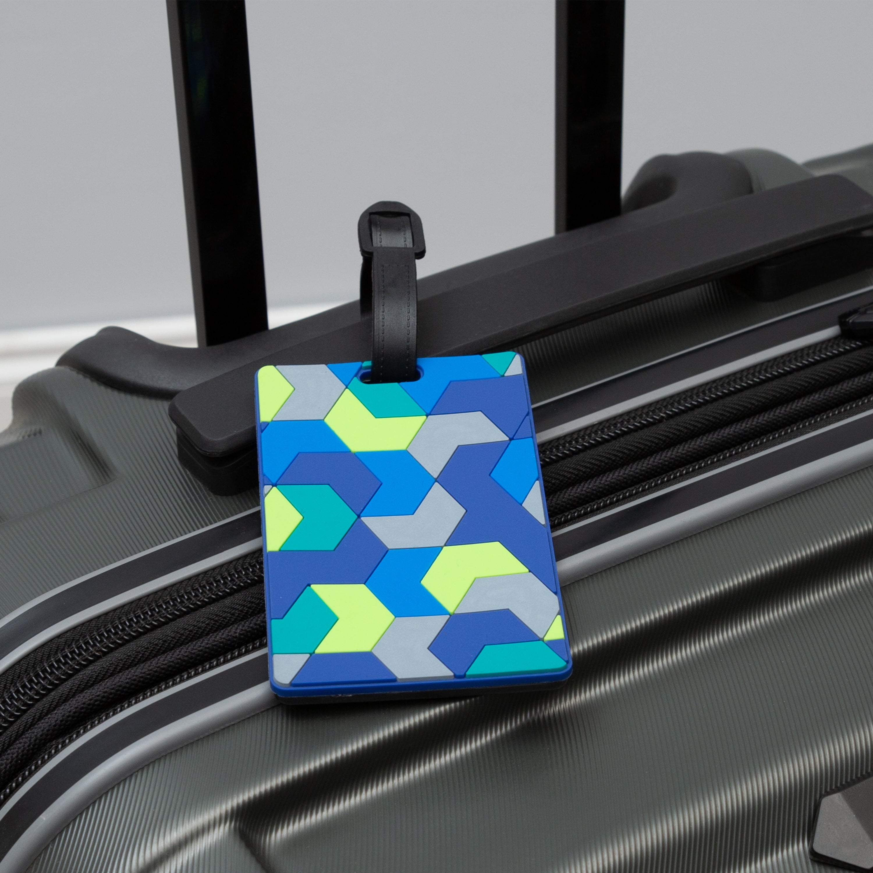 Protégé Luggage Tag Geometric Design, Blue and Lime Green, PVC (4" x
