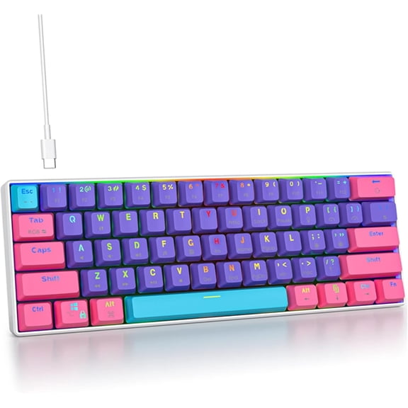 Protable 60% Percent Gaming Keyboard Mechanical, Mini Compact RGB Backlit 61 Wired Office Keyboard with red for /Win (Purple/red )