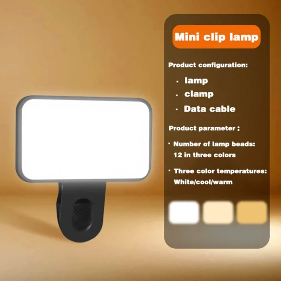 Protable LED Selfie Light Plus Adjustable Brightness Clip-On Phone Camera Rechargeable Fill Light for Mobile Phones Computers