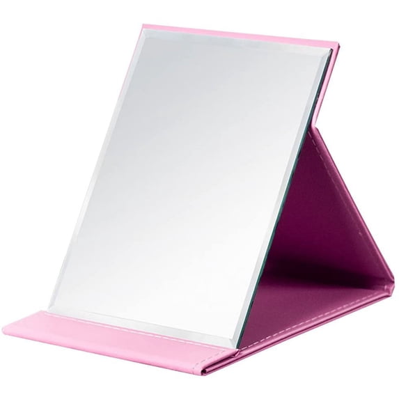 Protable PU Leather Mirror Folding Desktop Makeup Mirror with Adjustable Stand for Personal Use,Travelling (S, Pink)
