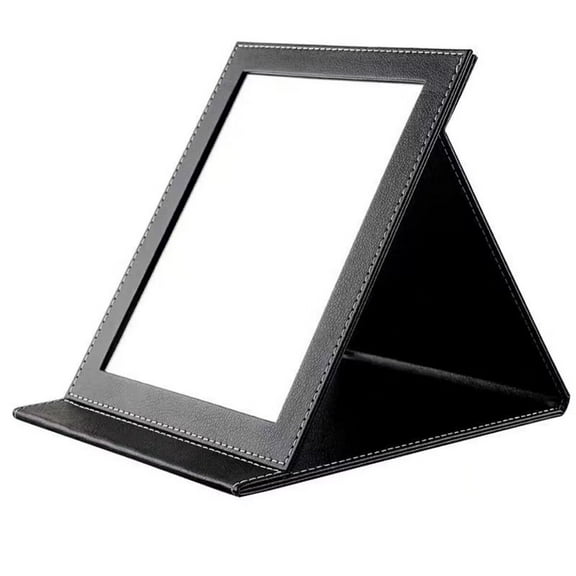 Protable PU Leather Mirror Folding Desktop Makeup Mirror with Adjustable Stanfor Personal Use,Travelling (L, Black)