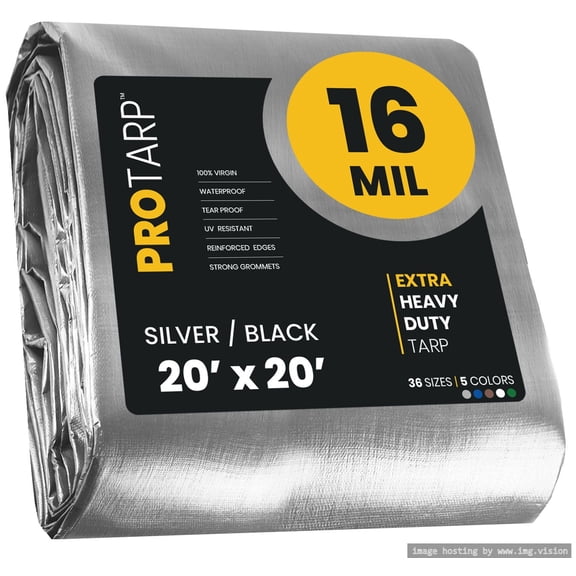 Protarp 16 Mil Extreme Heavy Duty Tarp Camping Tarpaulin Waterproof Cover, Silver/Black 20′ X 20′Ft