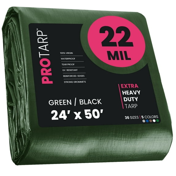 Protarp 22 Mil Extreme Heavy Duty Tarp Camping Tarpaulin Waterproof Cover, Green/Black 24′ X 50′Ft