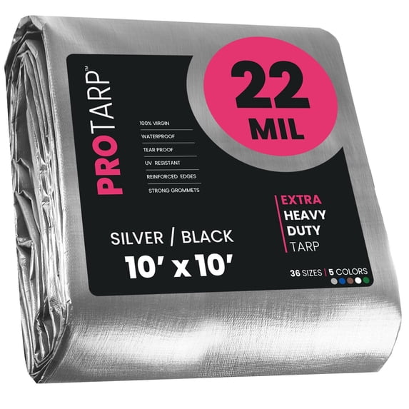 Protarp 22 Mil Extreme Heavy Duty Tarp Camping Tarpaulin Waterproof Cover, Silver/Black 10′ X 10′Ft