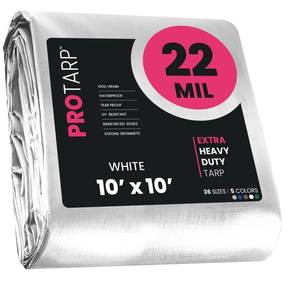 Protarp 22 Mil Extreme Heavy Duty Tarp Camping Tarpaulin Waterproof Cover, White 10′ X 10′Ft