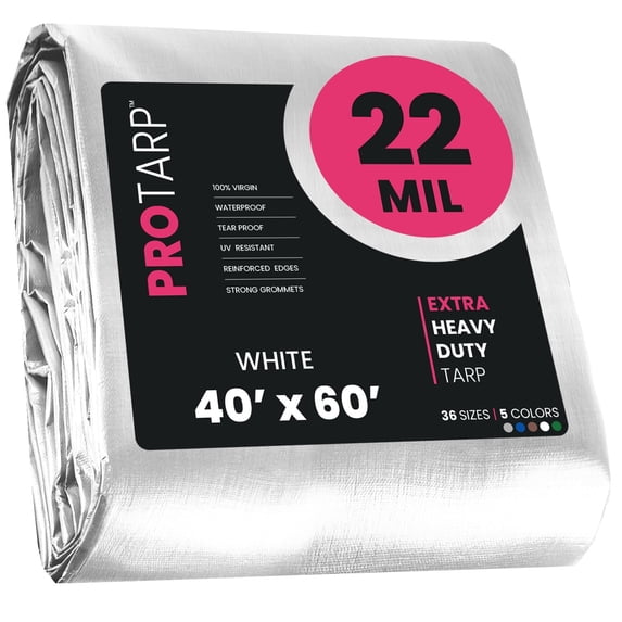 Protarp 22 Mil Extreme Heavy Duty Tarp Camping Tarpaulin Waterproof Cover, White 40′ X 60′Ft