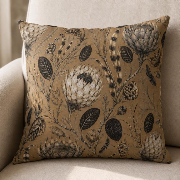 Protea Flowers, Botanical Leaves and Feathers Tan Square Pillow Case, 100% Polyester Velvet, Vintage Style