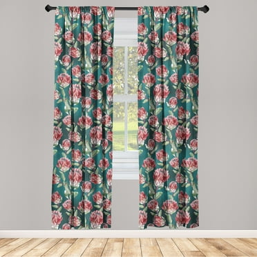 Protea Flowers Window Curtains, Watercolor Style Jungle Boho Floral Design on Bicolored Back, Lightweight Decor 2-Panel Set with Rod Pocket, Pair of - 28"x63", Forest Green Dark Coral, by Ambesonne