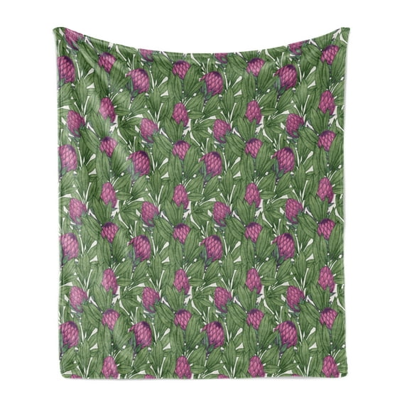 Protea Soft Flannel Fleece Throw Blanket, Vintage Arts and Crafts Inspired Botanical Spring Flowers Theme, Cozy Plush for Indoor and Outdoor Use, 60" x 80", Reseda Green Magenta, by Ambesonne