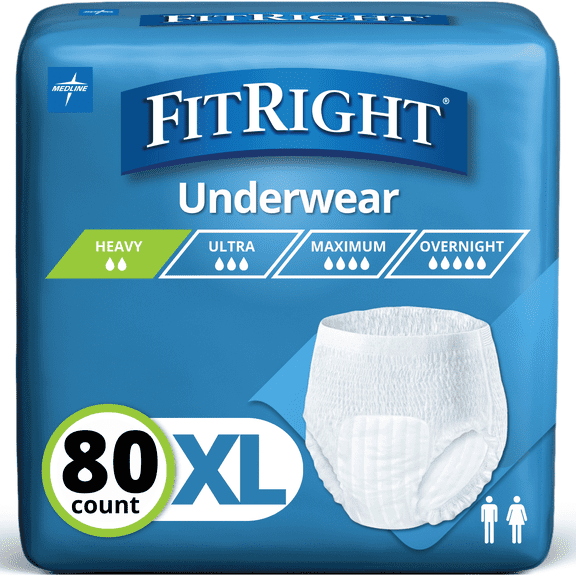 FitRight Incontinence Underwear for Men and Women, Adult Diaper, Extra Absorbents, XL, 56in to 68in, 80 Count