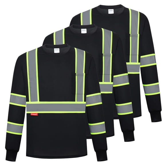 ProtectX 3-Pack Men's High Visibility Heavy Duty Breathable Long Sleeve Reflective Safety T-Shirts for Work Warehouse Construction, Class 2, Black - Medium
